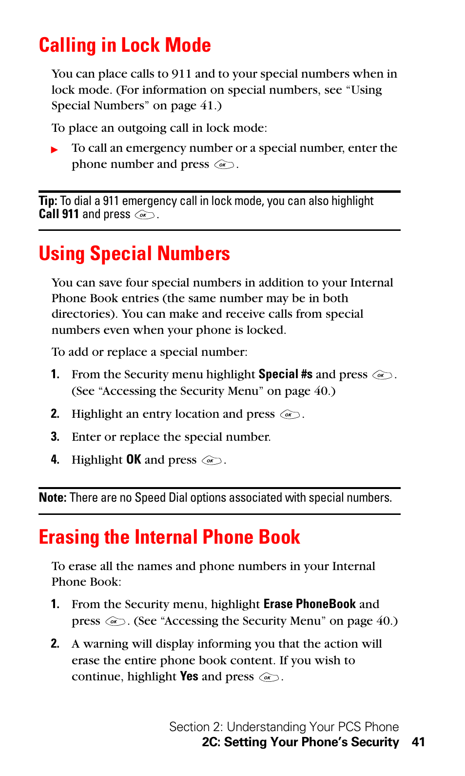 Calling in lock mode, Using special numbers, Erasing the internal phone book | LG Sprint 1200 User Manual | Page 51 / 128