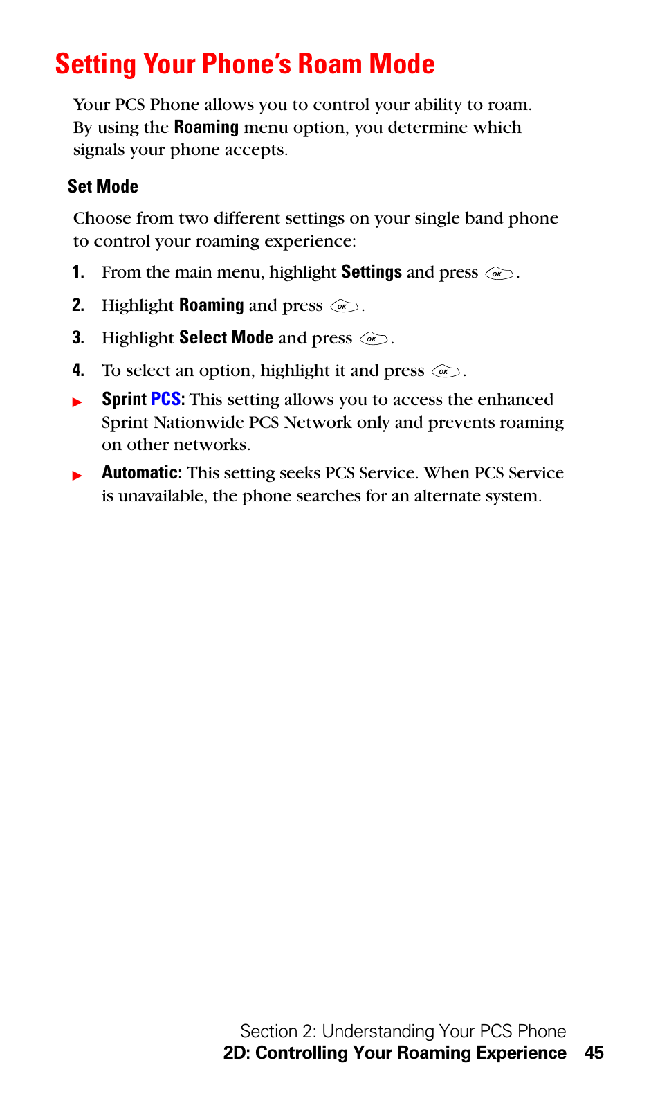 Setting your phone’s roam mode | LG Sprint 1200 User Manual | Page 55 / 128
