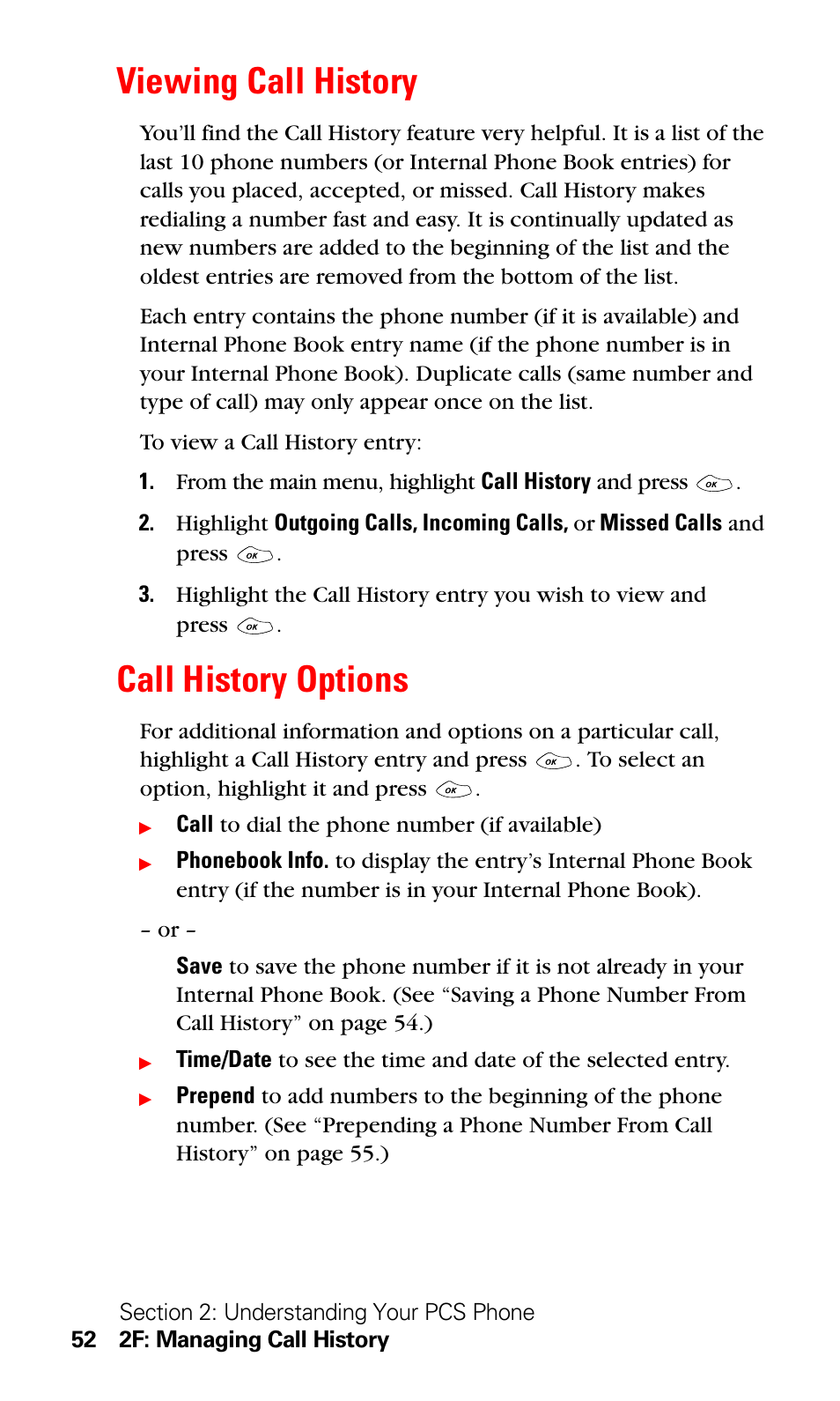 Viewing call history, Call history options, Viewing call history call history options | LG Sprint 1200 User Manual | Page 62 / 128