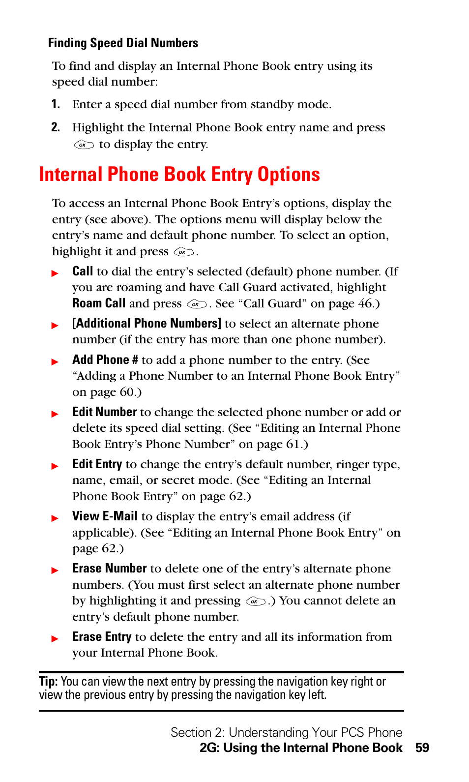 Internal phone book entry options | LG Sprint 1200 User Manual | Page 69 / 128