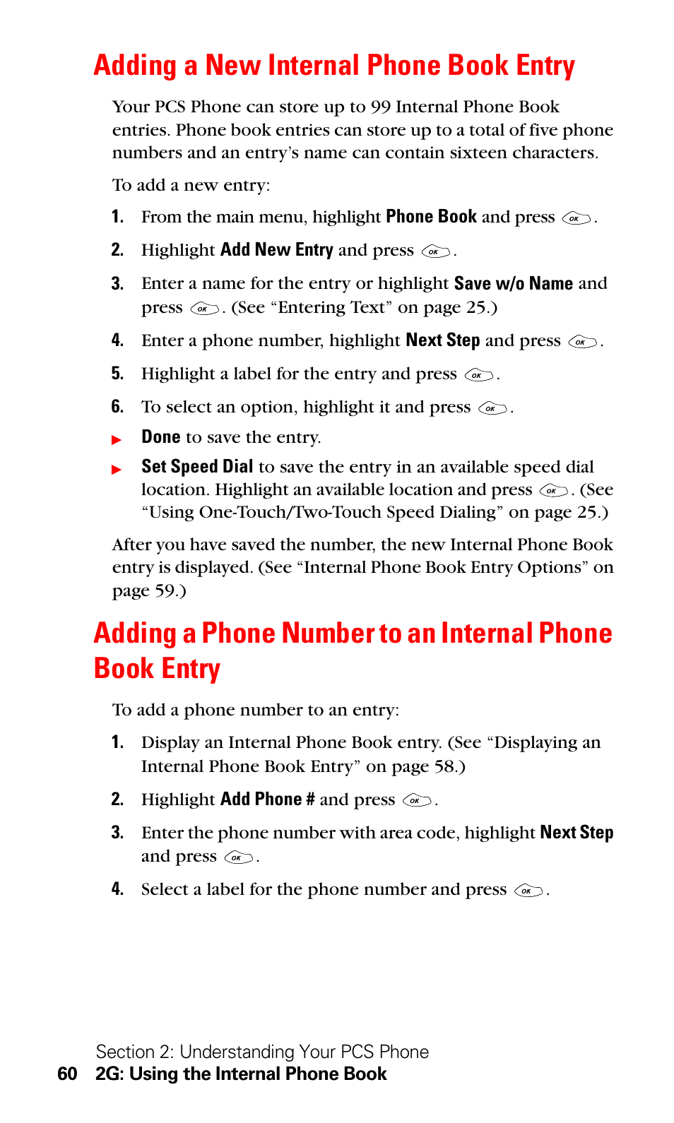 Adding a new internal phone book entry | LG Sprint 1200 User Manual | Page 70 / 128