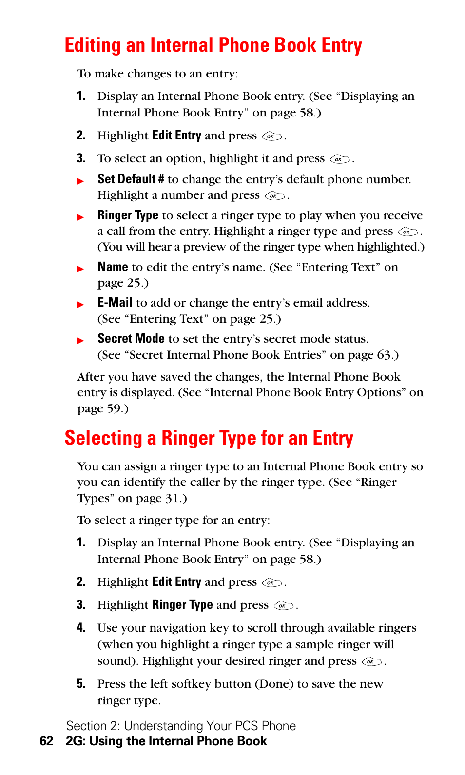 Editing an internal phone book entry, Selecting a ringer type for an entry | LG Sprint 1200 User Manual | Page 72 / 128