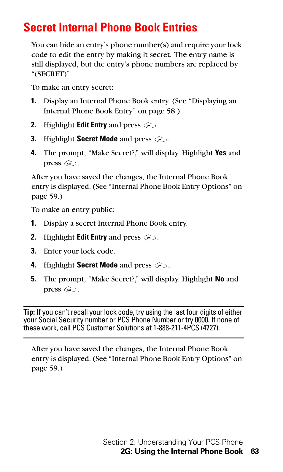 Secret internal phone book entries | LG Sprint 1200 User Manual | Page 73 / 128