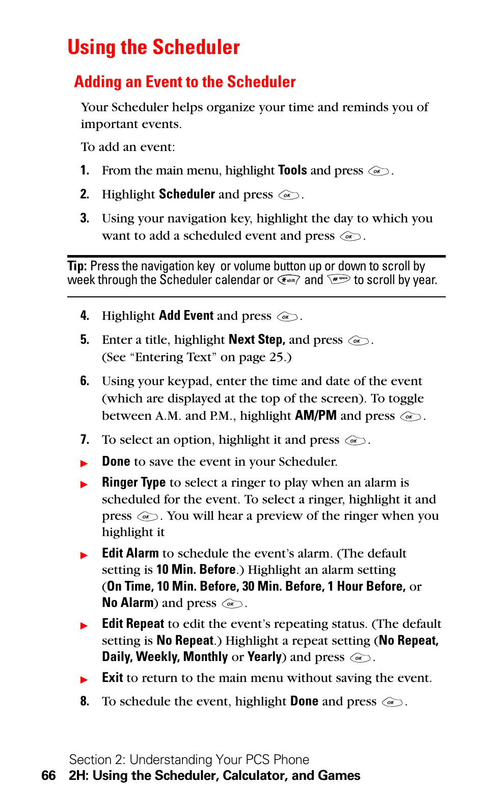 Using the scheduler, Adding an event to the scheduler | LG Sprint 1200 User Manual | Page 76 / 128