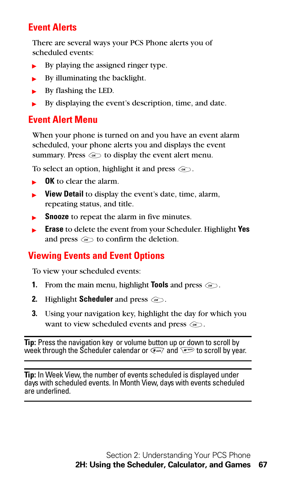 Event alerts, Event alert menu, Viewing events and event options | LG Sprint 1200 User Manual | Page 77 / 128