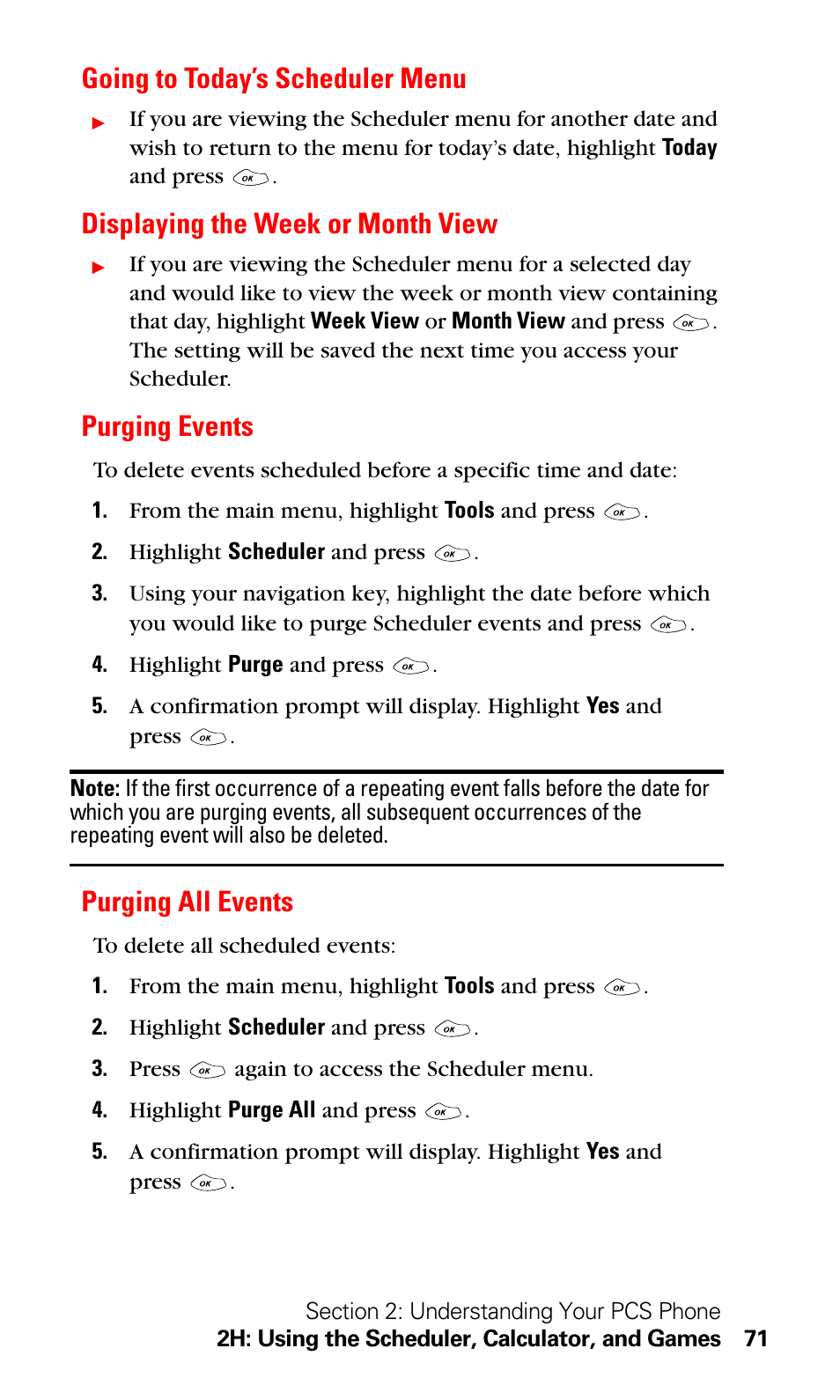 Going to today’s scheduler menu, Displaying the week or month view, Purging events | Purging all events | LG Sprint 1200 User Manual | Page 81 / 128