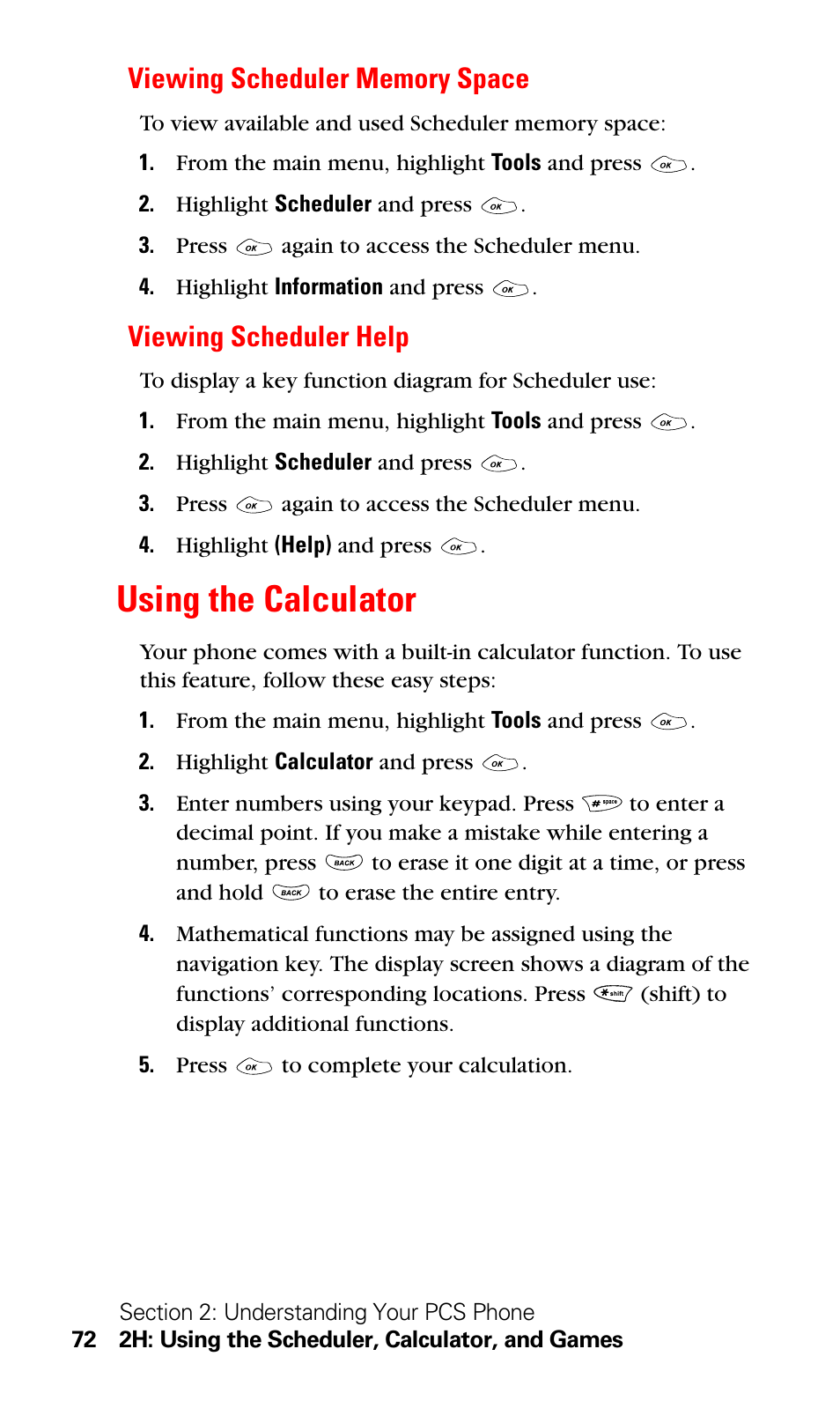 Viewing scheduler memory space, Viewing scheduler help, Using the calculator | LG Sprint 1200 User Manual | Page 82 / 128