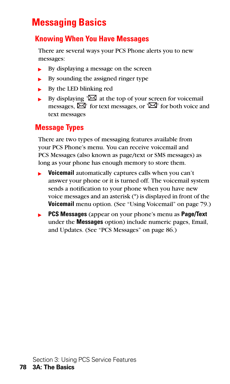 Messaging basics, Knowing when you have messages, Message types | Knowing when you have messages message types | LG Sprint 1200 User Manual | Page 88 / 128
