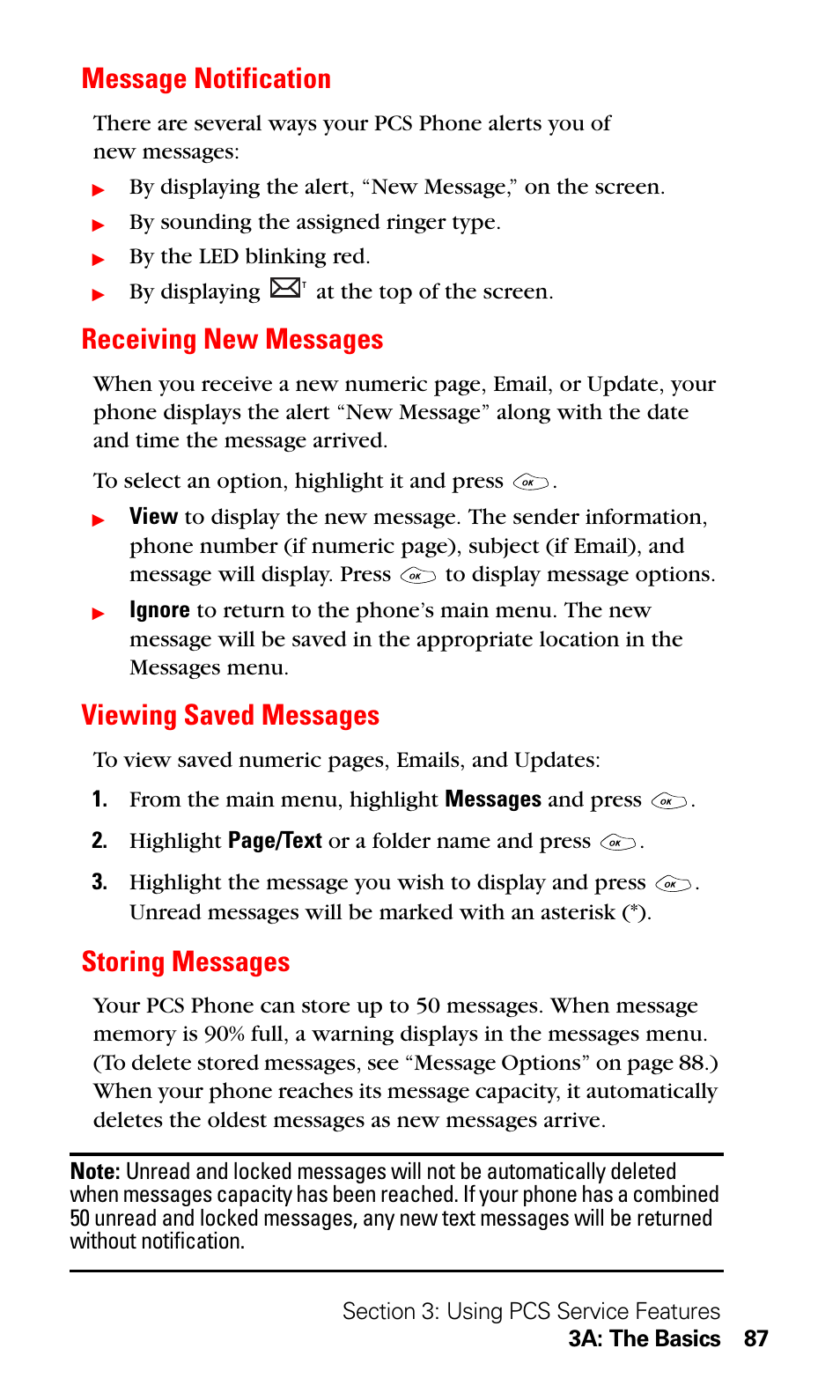 Message notification, Receiving new messages, Viewing saved messages | Storing messages | LG Sprint 1200 User Manual | Page 97 / 128