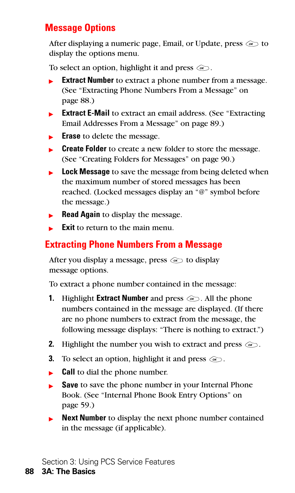 Message options, Extracting phone numbers from a message | LG Sprint 1200 User Manual | Page 98 / 128