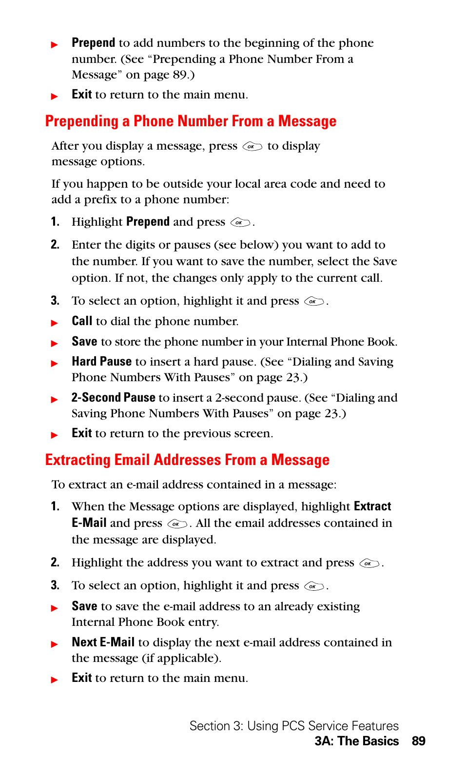 Prepending a phone number from a message, Extracting email addresses from a message | LG Sprint 1200 User Manual | Page 99 / 128