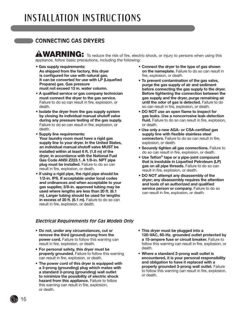 W warning, 16 connecting gas dryers | LG D5966W User Manual | Page 16 / 80