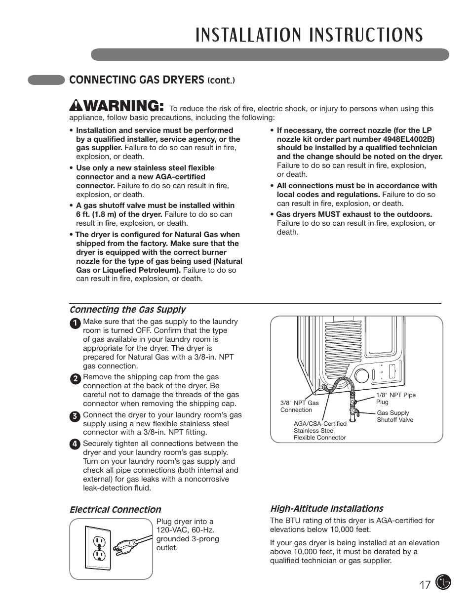 W warning, Connecting gas dryers | LG D5966W User Manual | Page 17 / 80