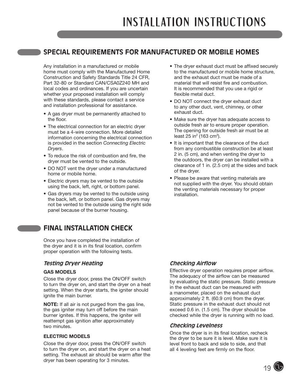 Final installation check | LG D5966W User Manual | Page 19 / 80