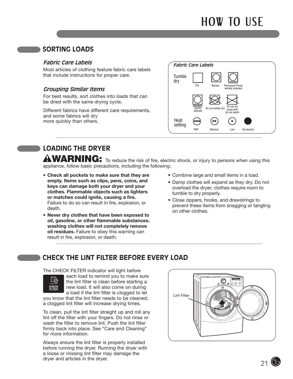 H o w to u s e, W warning, Sorting loads | Check the lint filter before every load, Loading the dryer 21 | LG D5966W User Manual | Page 21 / 80