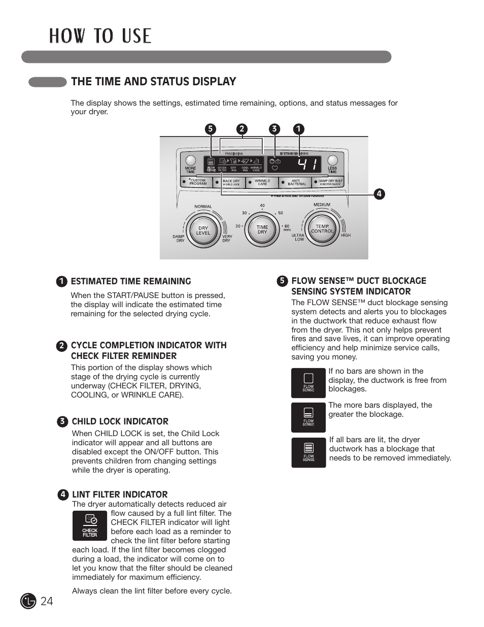 H o w to u s e, The time and status display | LG D5966W User Manual | Page 24 / 80