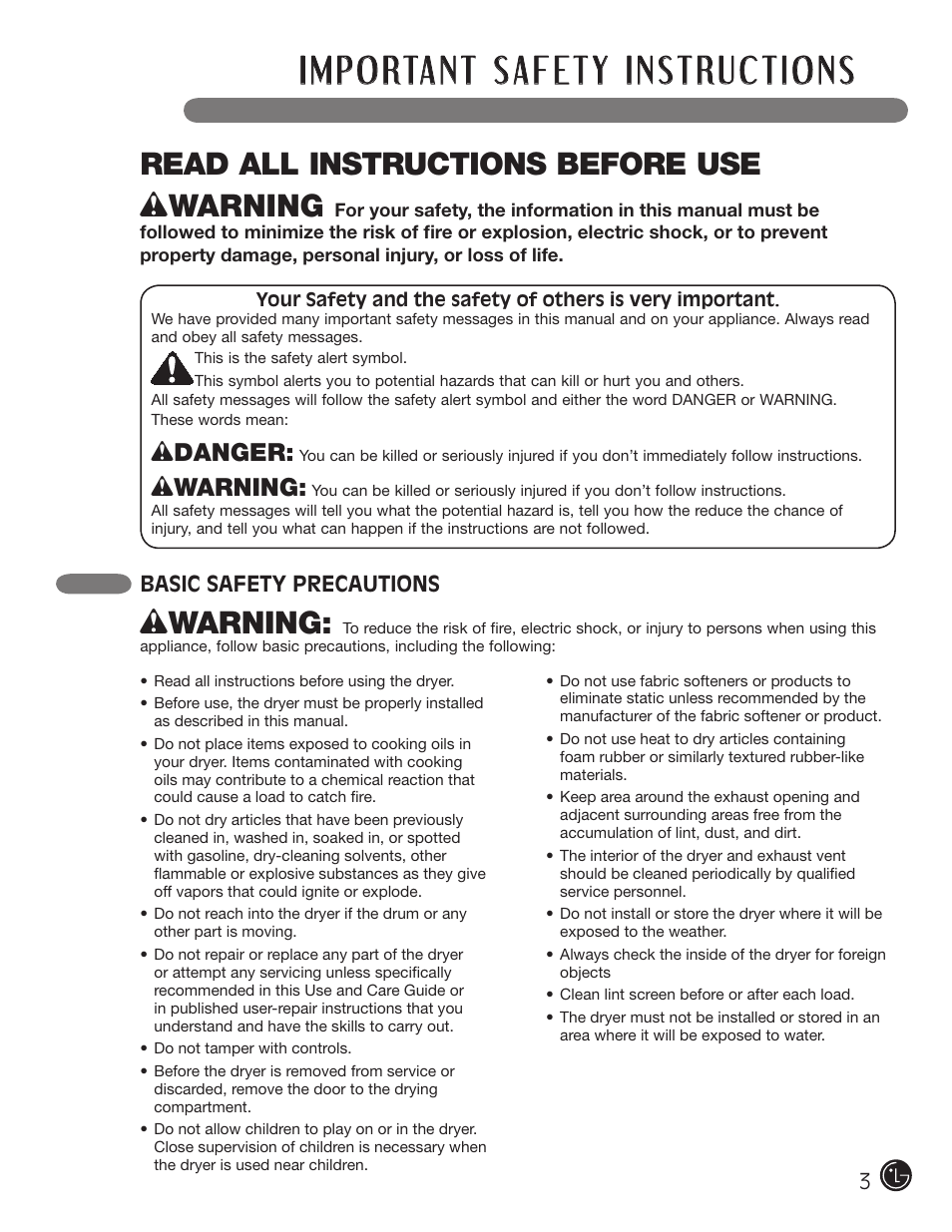 Read all instructions before use w warning, W danger, W warning | Basic safety precautions | LG D5966W User Manual | Page 3 / 80