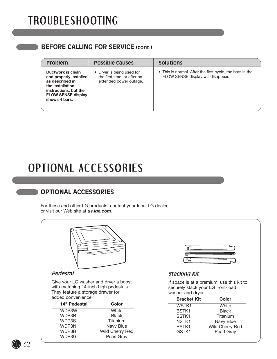 Optional accessories, Before calling for service | LG D5966W User Manual | Page 32 / 80