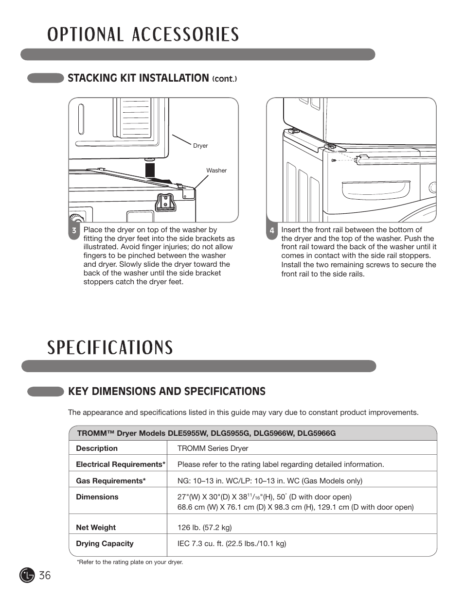 Stacking kit installation, Key dimensions and specifications | LG D5966W User Manual | Page 36 / 80