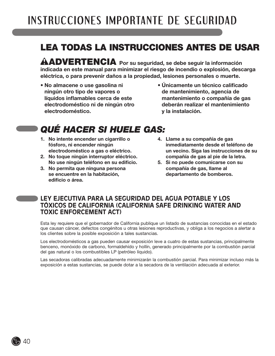 Qué hacer si huele gas | LG D5966W User Manual | Page 40 / 80