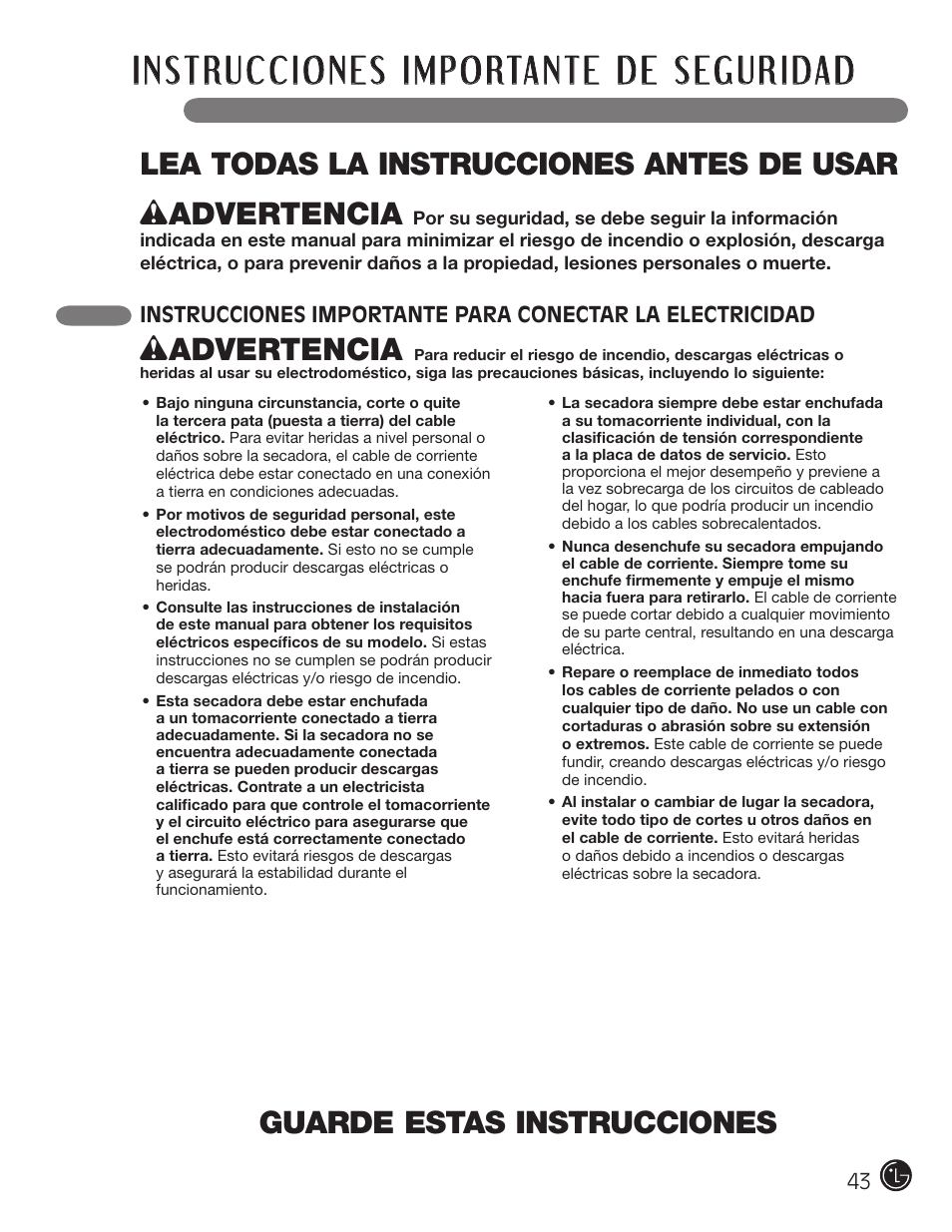 Guarde estas instrucciones, W advertencia | LG D5966W User Manual | Page 43 / 80