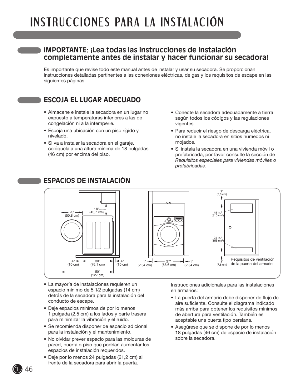 Escoja el lugar adecuado, Espacios de instalación | LG D5966W User Manual | Page 46 / 80