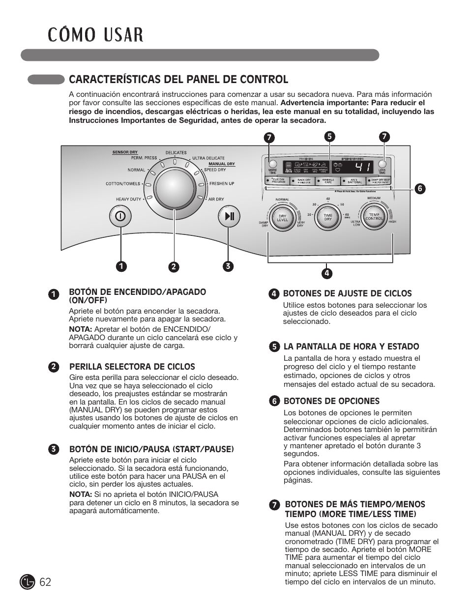 Características del panel de control | LG D5966W User Manual | Page 62 / 80