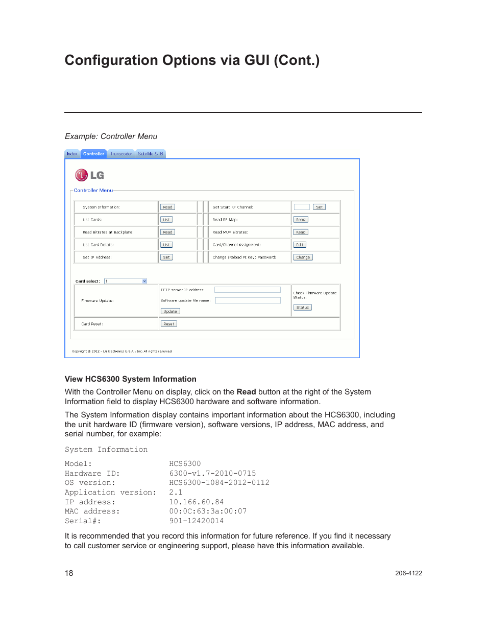 Configuration options via gui (cont.) | LG HCS6300 User Manual | Page 18 / 52