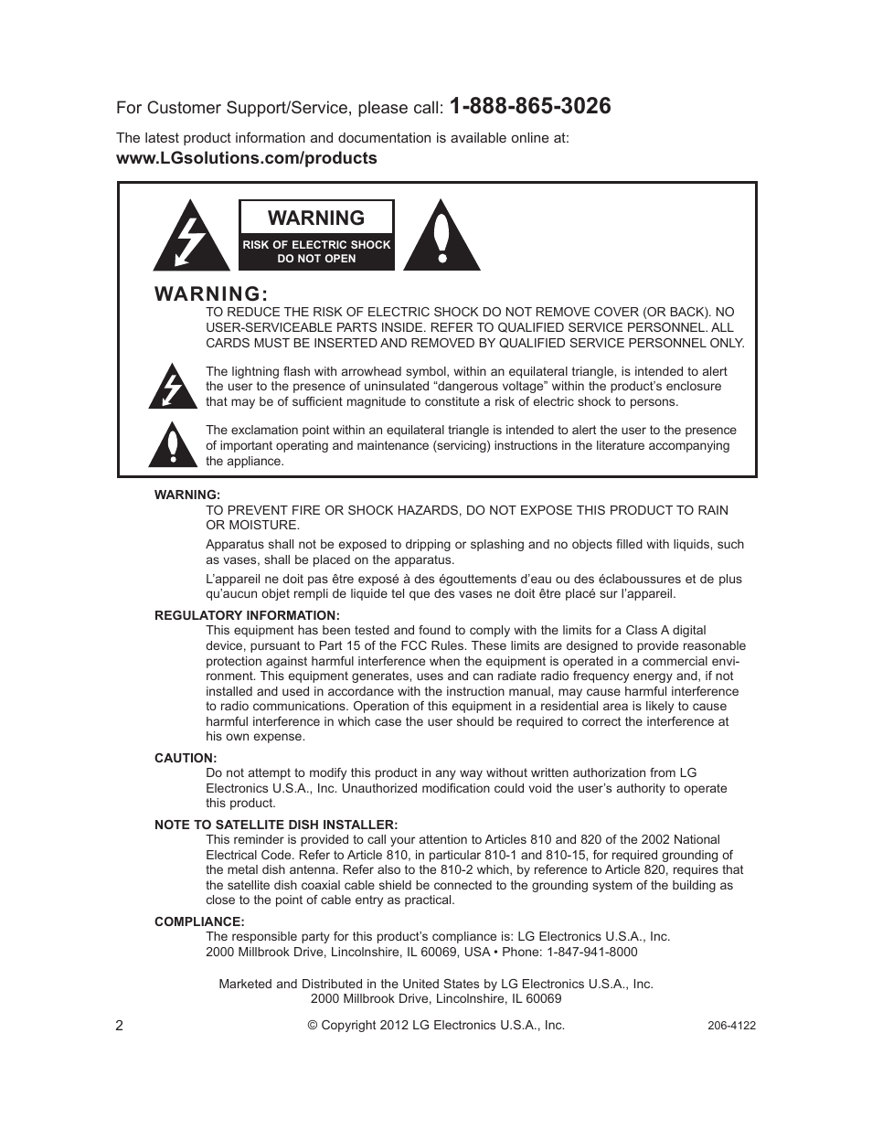 Warning | LG HCS6300 User Manual | Page 2 / 52