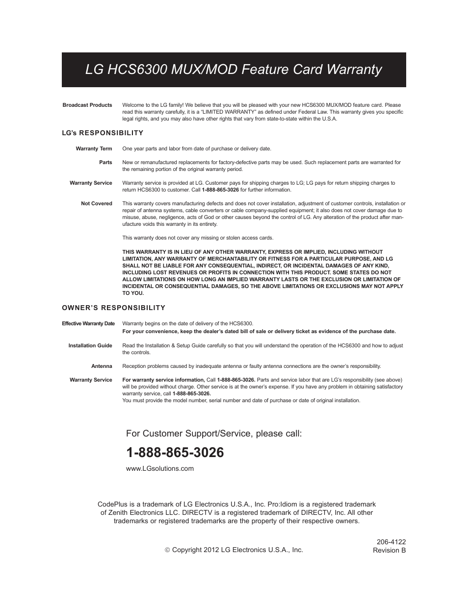 Back cover, Lg hcs6300 mux/mod feature card warranty, For customer support/service, please call | LG HCS6300 User Manual | Page 52 / 52