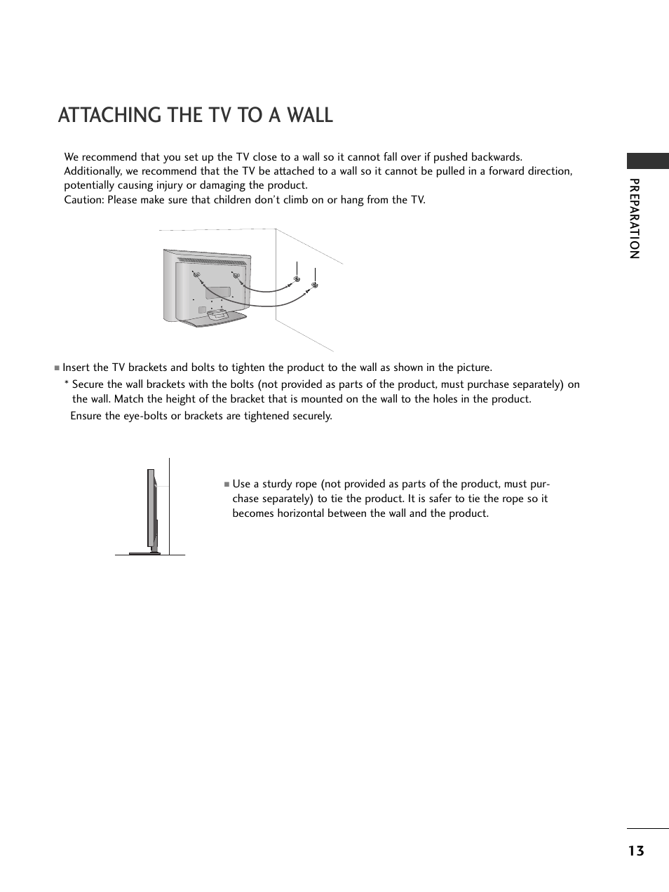 Attaching the tv to a wall | LG 26LC7DC User Manual | Page 15 / 90