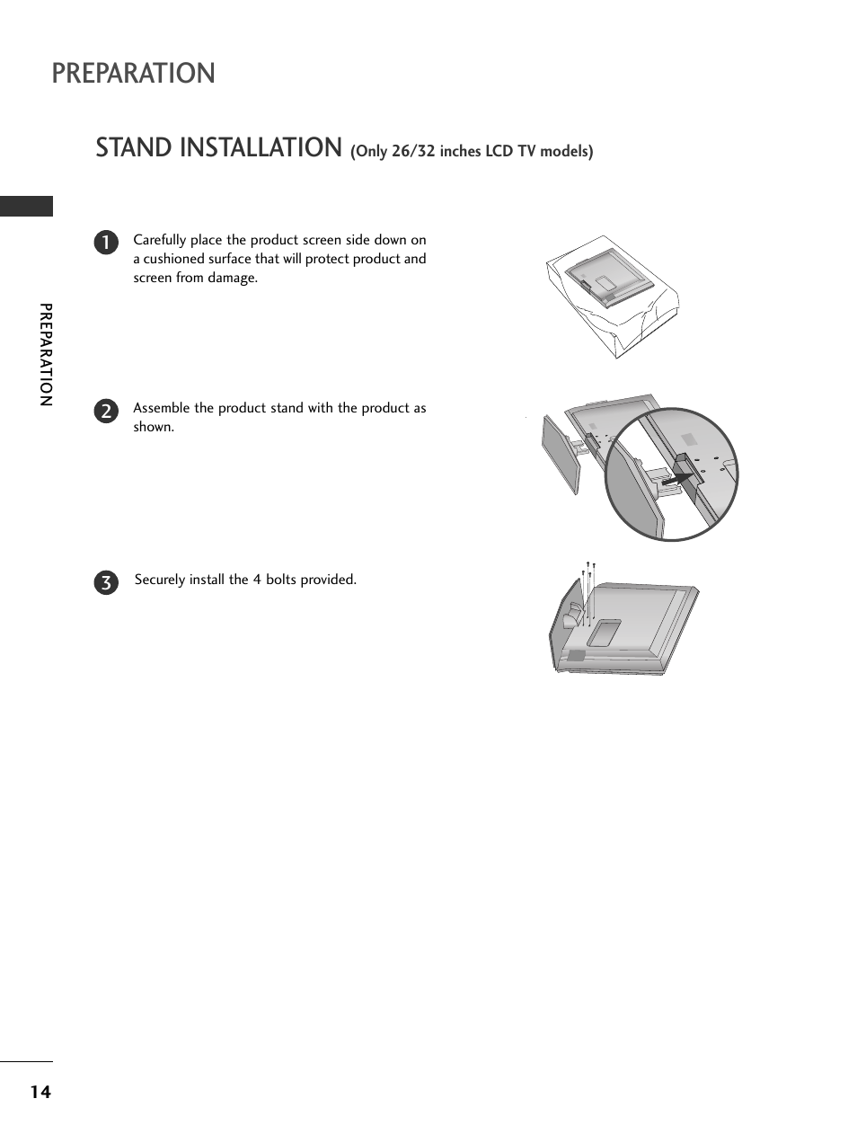 Preparation, Stand installation | LG 26LC7DC User Manual | Page 16 / 90