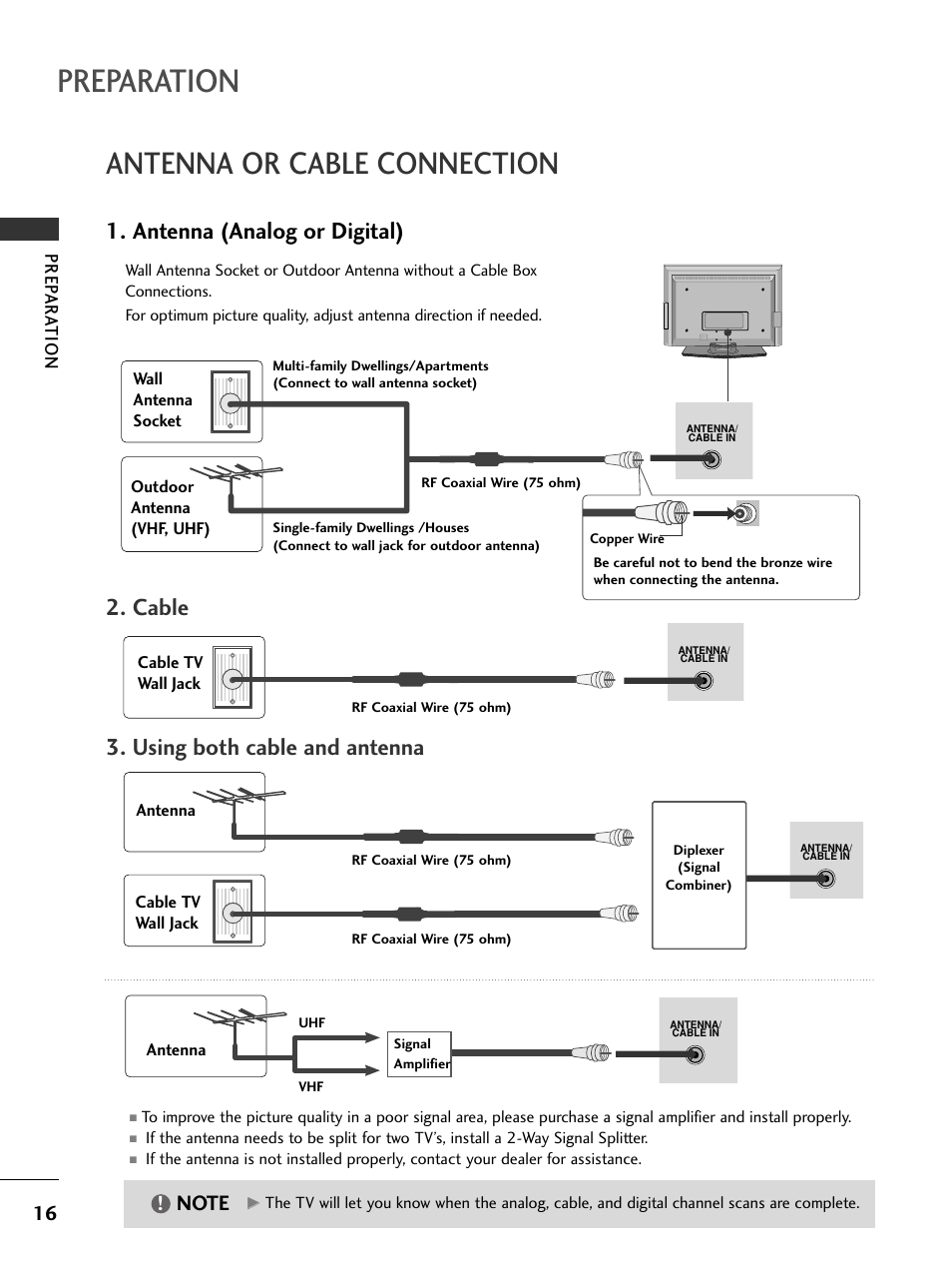Antenna or cable connection, Preparation, Antenna (analog or digital) | Cable, Using both cable and antenna, Prep ar a t ion | LG 26LC7DC User Manual | Page 18 / 90
