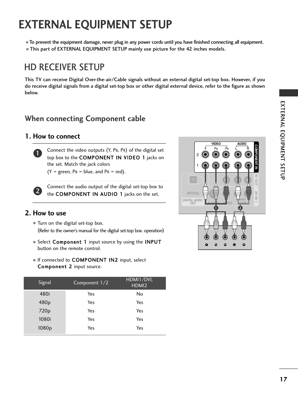 External equipment setup, Hd receiver setup, When connecting component cable | How to connect, How to use, External eq uipment setup | LG 26LC7DC User Manual | Page 19 / 90