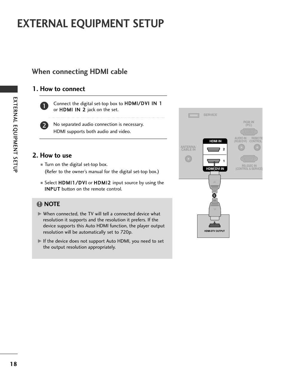 When connecting hdmi cable, External equipment setup, How to connect 2. how to use | External eq uipment setup | LG 26LC7DC User Manual | Page 20 / 90