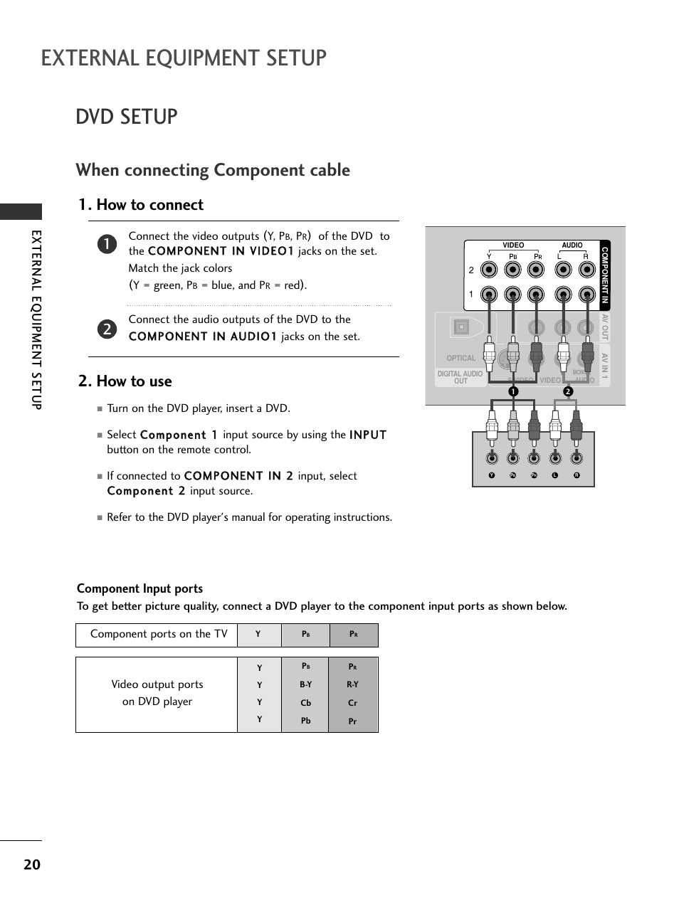 Dvd setup, When connecting component cable, External equipment setup | How to connect 2. how to use, External eq uipment setup, Component input ports | LG 26LC7DC User Manual | Page 22 / 90