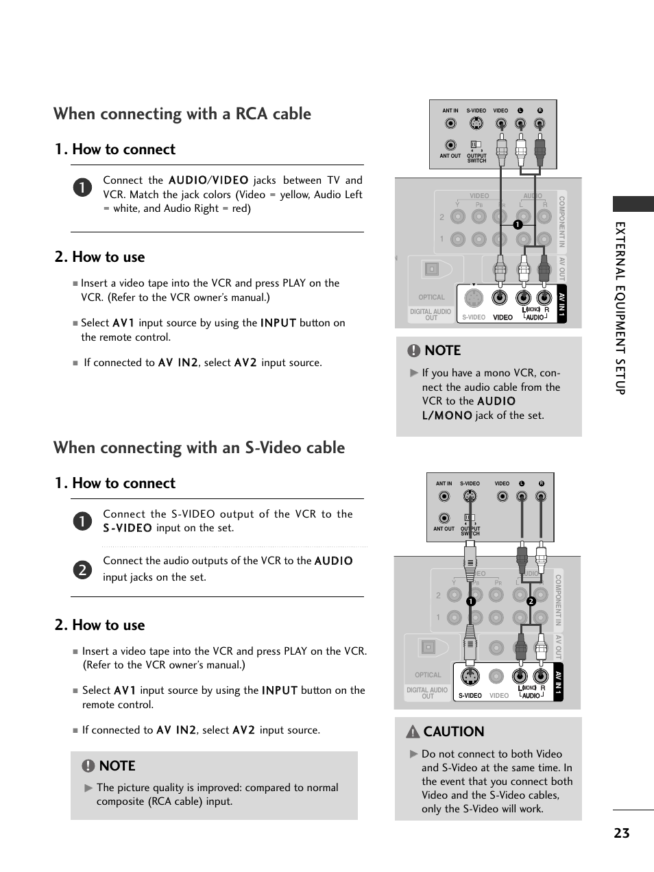 When connecting with a rca cable, When connecting with an s-video cable, How to connect 2. how to use | Caution, External eq uipment setup | LG 26LC7DC User Manual | Page 25 / 90