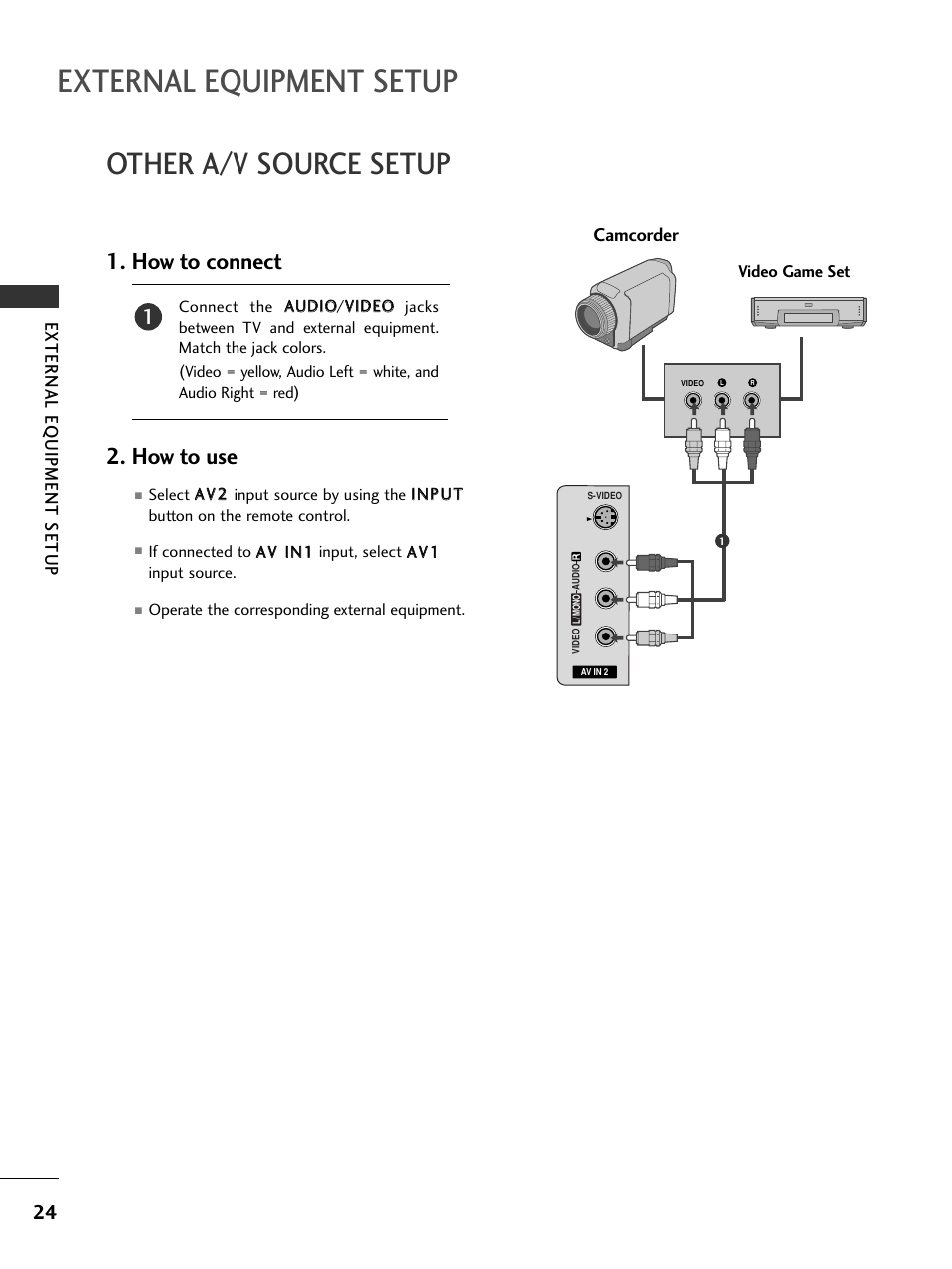 Other a/v source setup, External equipment setup, How to connect 2. how to use | External eq uipment setup, Camcorder | LG 26LC7DC User Manual | Page 26 / 90