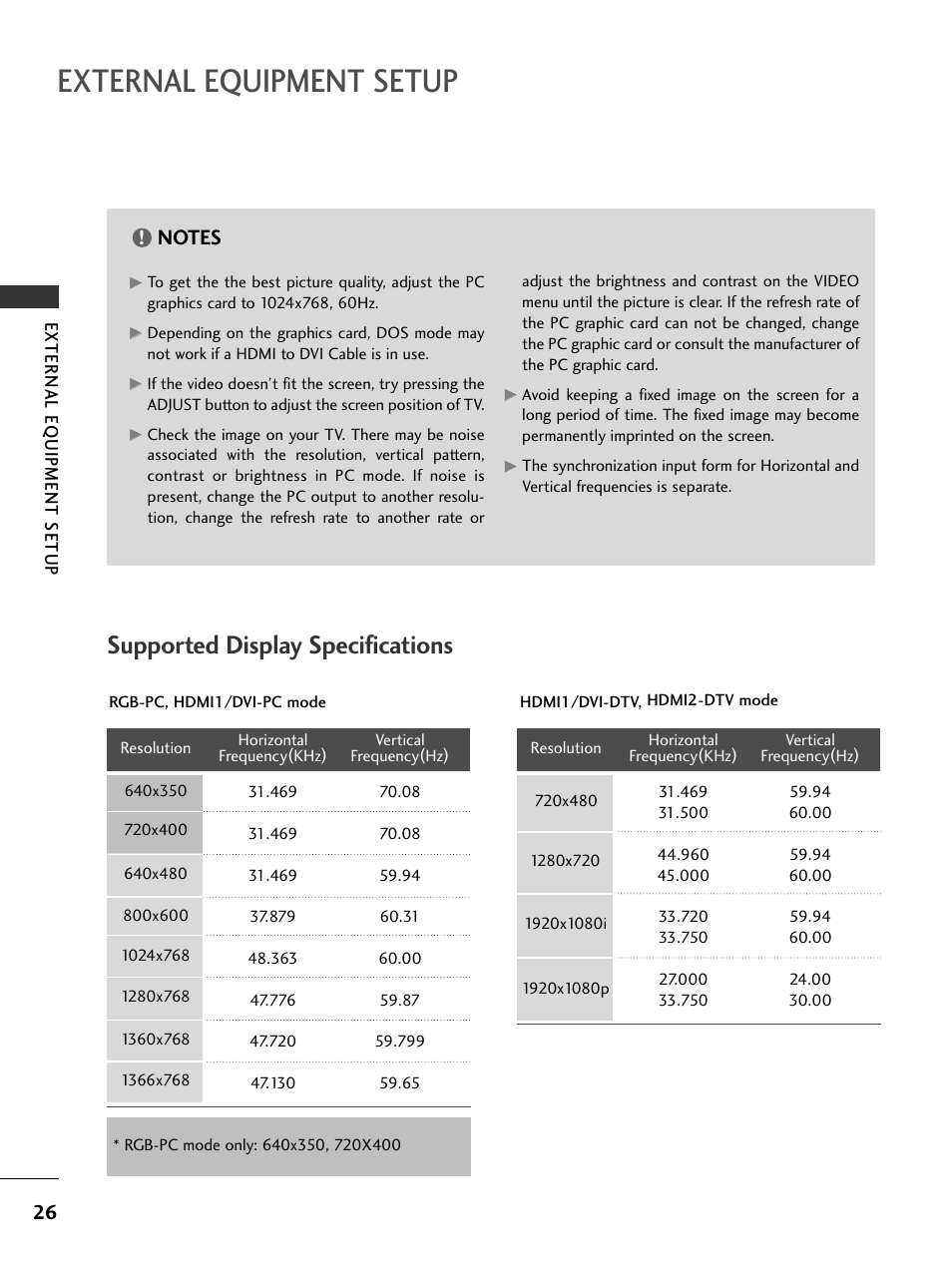 Supported display specifications, External equipment setup | LG 26LC7DC User Manual | Page 28 / 90