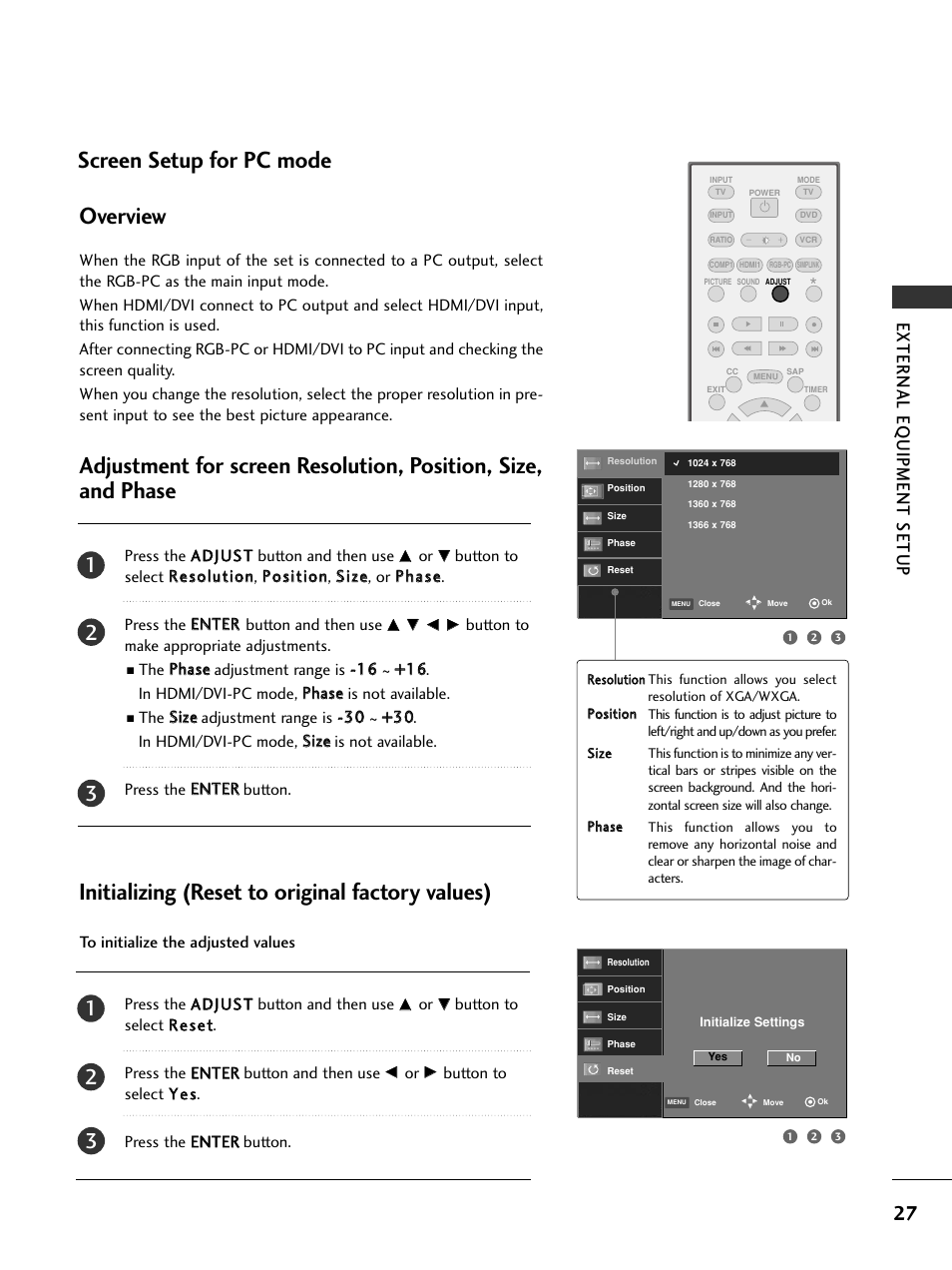 Screen setup for pc mode, Screen setup for pc mode overview, Initializing (reset to original factory values) | External eq uipment setup | LG 26LC7DC User Manual | Page 29 / 90