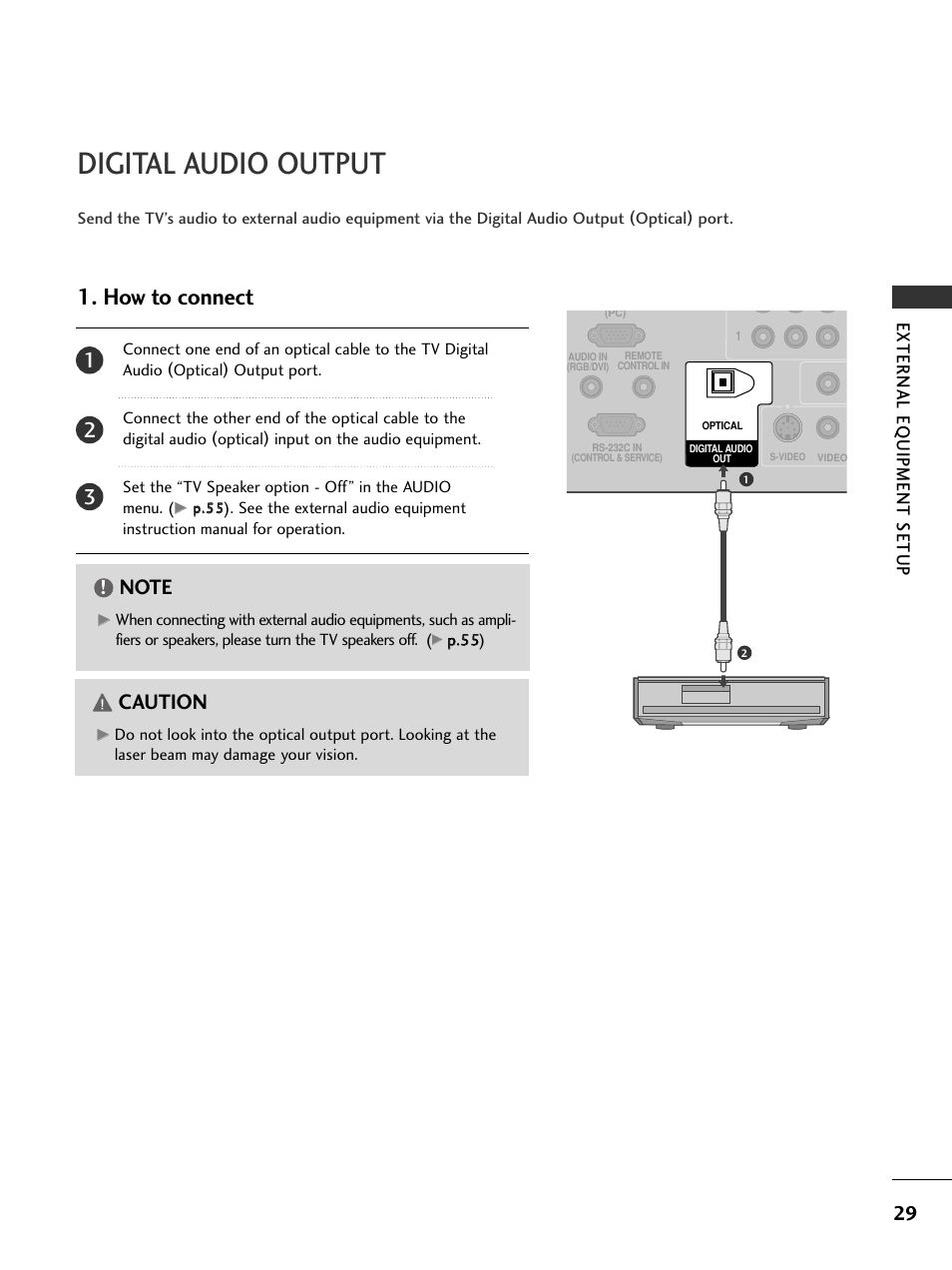 Digital audio output, How to connect, Caution | External eq uipment setup | LG 26LC7DC User Manual | Page 31 / 90