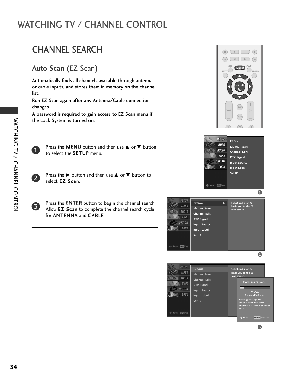 Channel search, Auto scan (ez scan), Watching tv / channel control | Wa tching tv / channel contr ol | LG 26LC7DC User Manual | Page 36 / 90