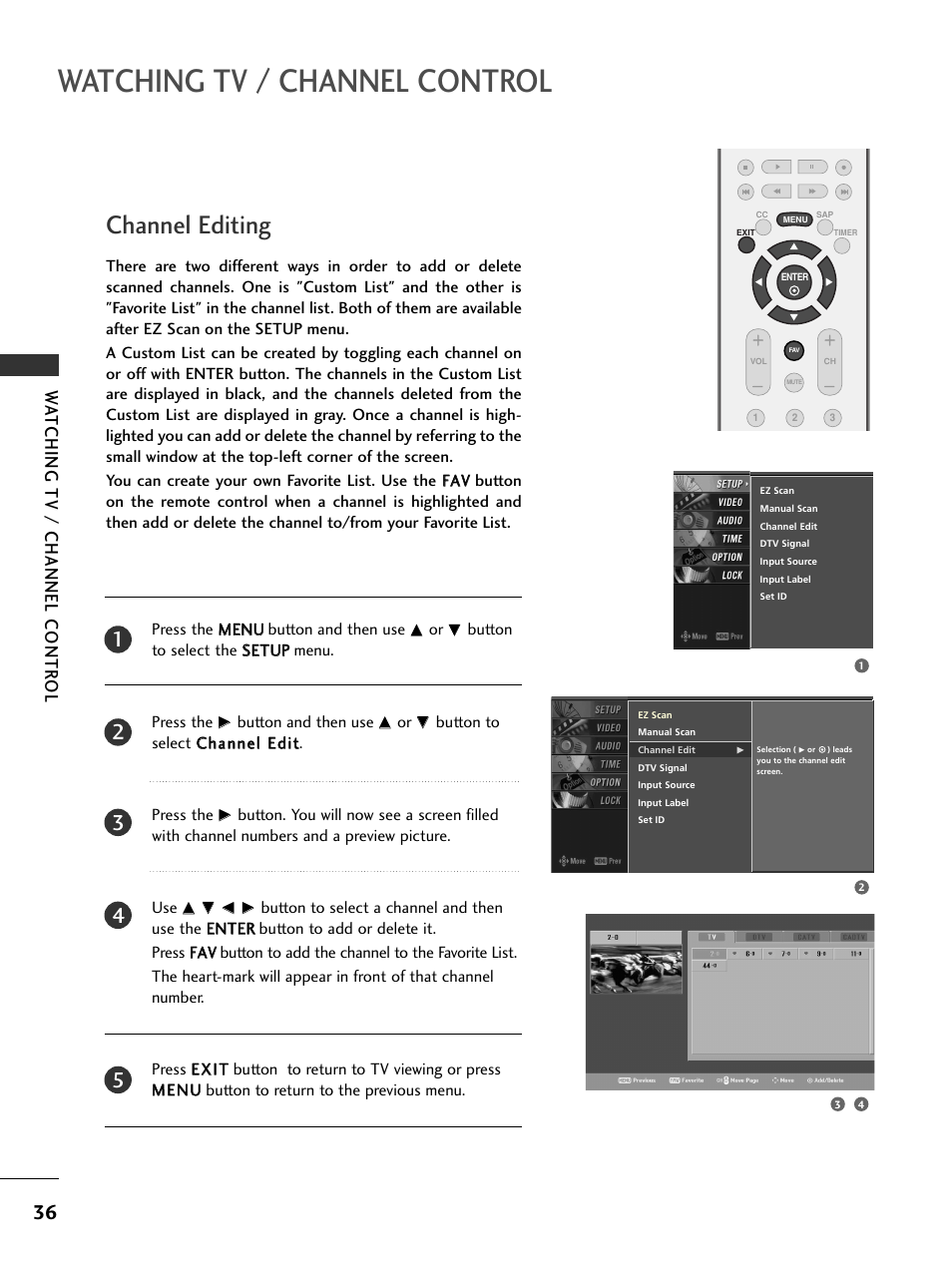Channel editing, Watching tv / channel control, Wa tching tv / channel contr ol | LG 26LC7DC User Manual | Page 38 / 90
