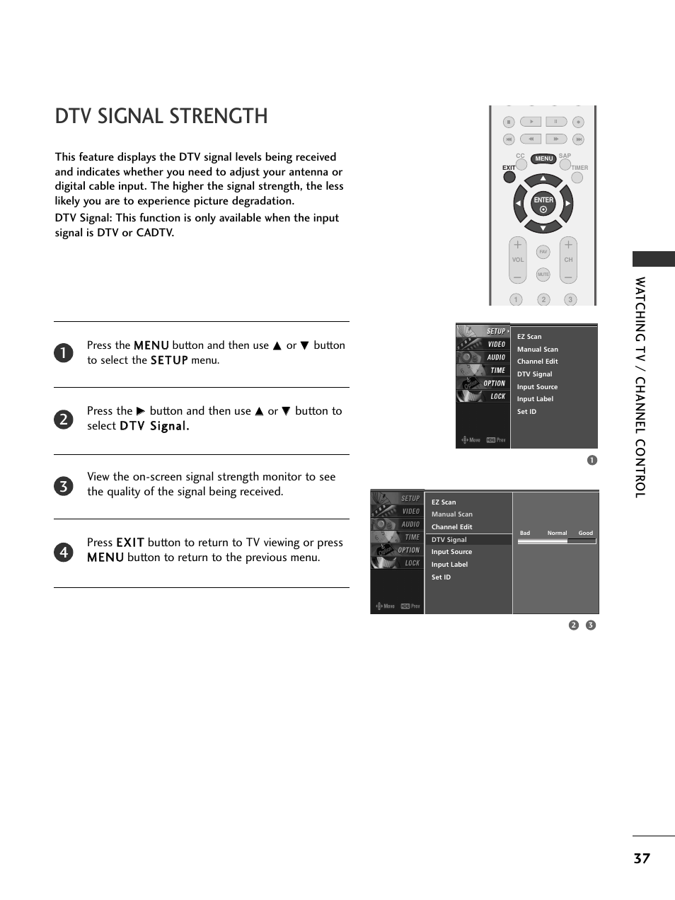 Dtv signal strength, Wa tching tv / channel contr ol | LG 26LC7DC User Manual | Page 39 / 90