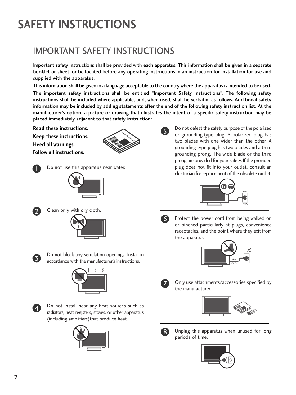 Safety instructions, Important safety instructions | LG 26LC7DC User Manual | Page 4 / 90