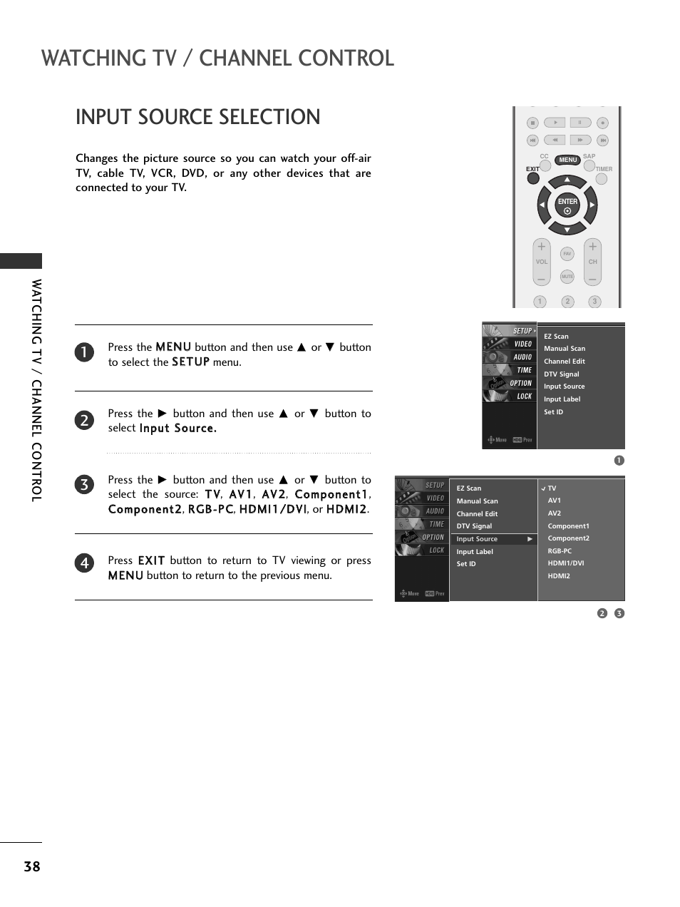 Input source selection, Watching tv / channel control, Wa tching tv / channel contr ol | LG 26LC7DC User Manual | Page 40 / 90
