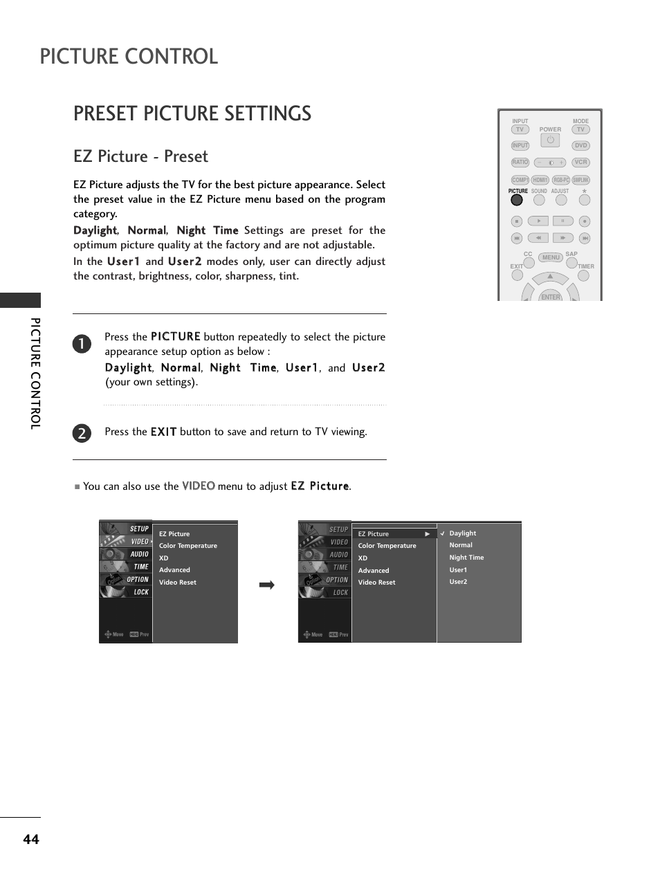 Preset picture settings, Ez picture - preset, Picture control | Picture contr ol | LG 26LC7DC User Manual | Page 46 / 90