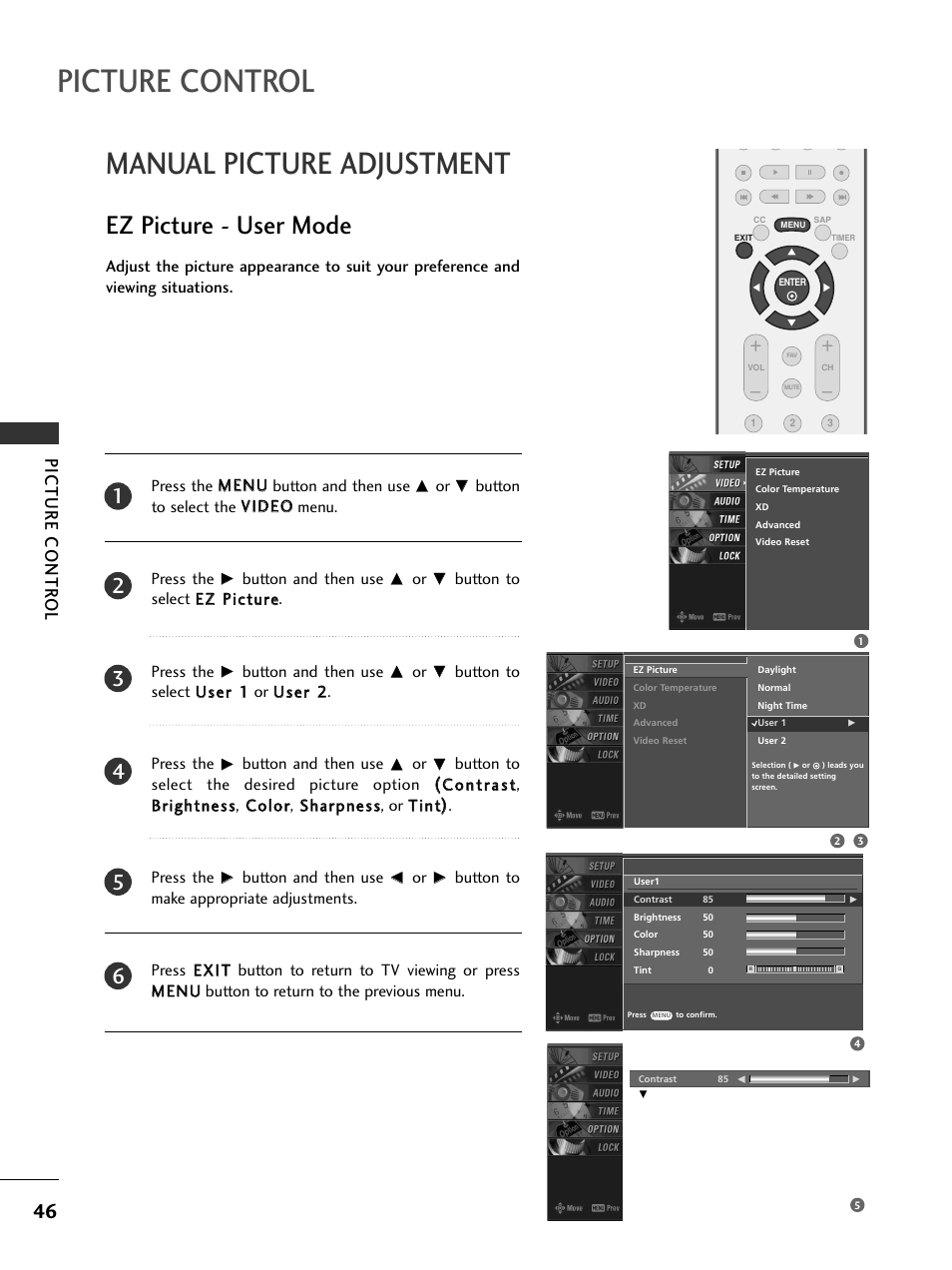 Manual picture adjustment, Ez picture - user mode, Picture control | Picture contr ol | LG 26LC7DC User Manual | Page 48 / 90