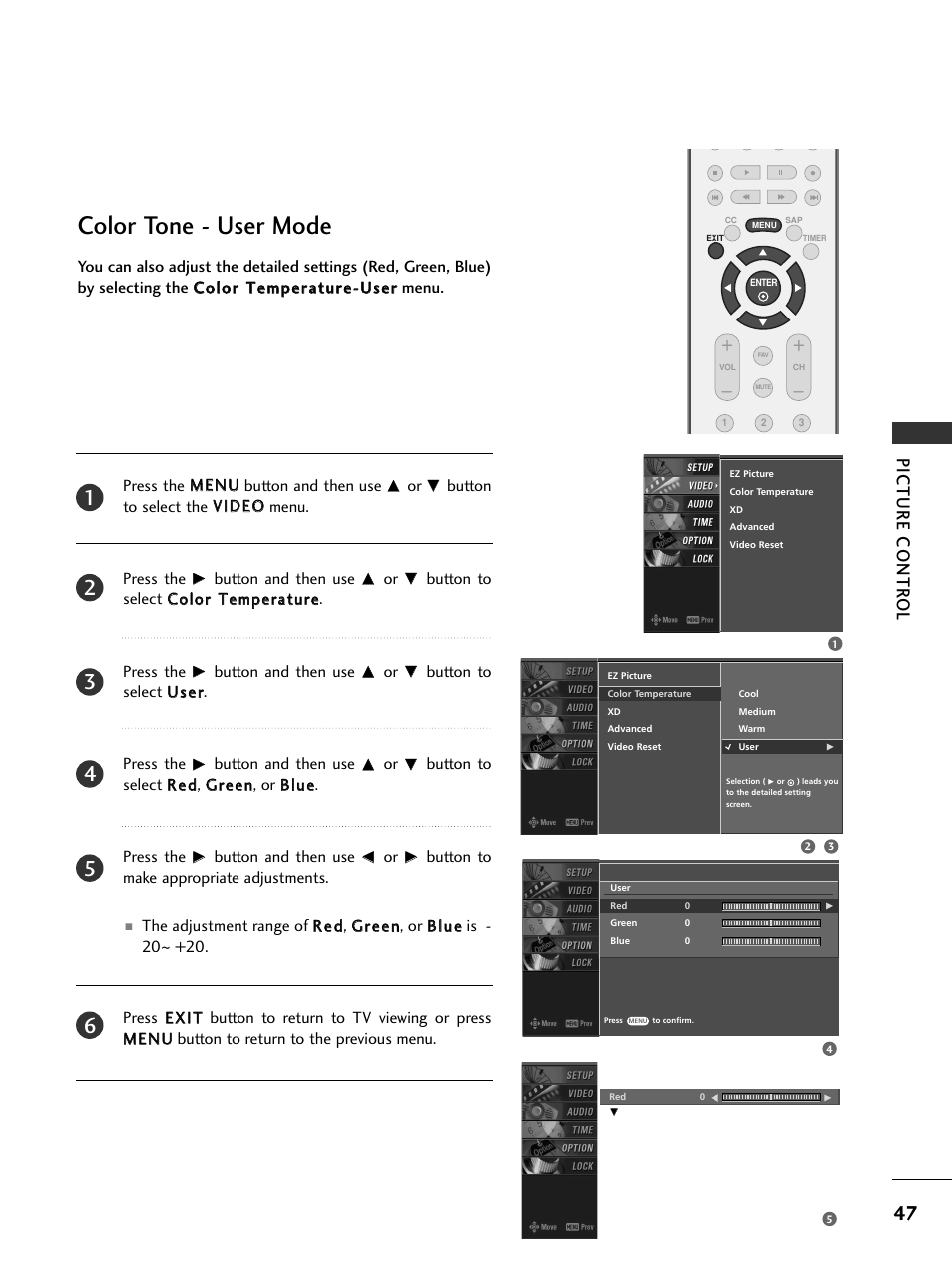 Color tone - user mode, Picture contr ol | LG 26LC7DC User Manual | Page 49 / 90