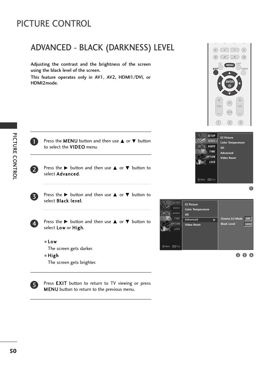 Advanced - black (darkness) level, Picture control, Picture contr ol | LG 26LC7DC User Manual | Page 52 / 90